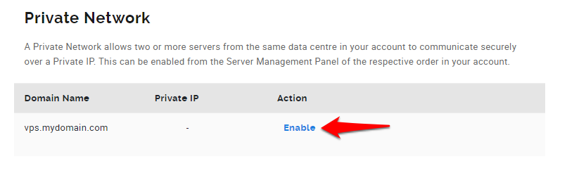 Enabling the Private Network in the VPS Management Panel to get Dedicate IP